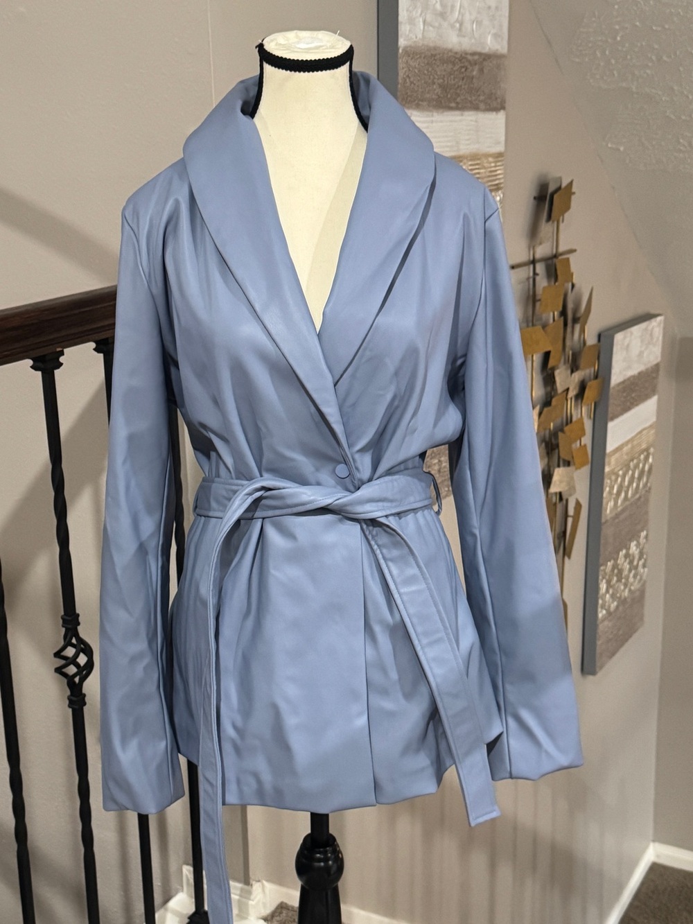 Hilary MacMillan Faux Leather Shawl Collar Belted Jacket in Slate Blue